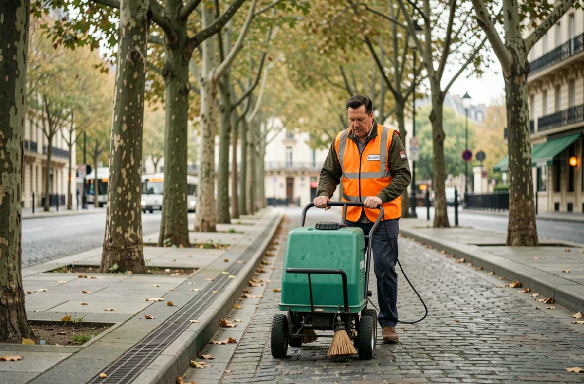 Agent municipal de propreté urbaine balayant un boulevard parisien avec une balayeuse manuelle