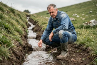 Agriculteur creusant un canal de dérivation sur une colline pour détourner l'eau de ruissellement
