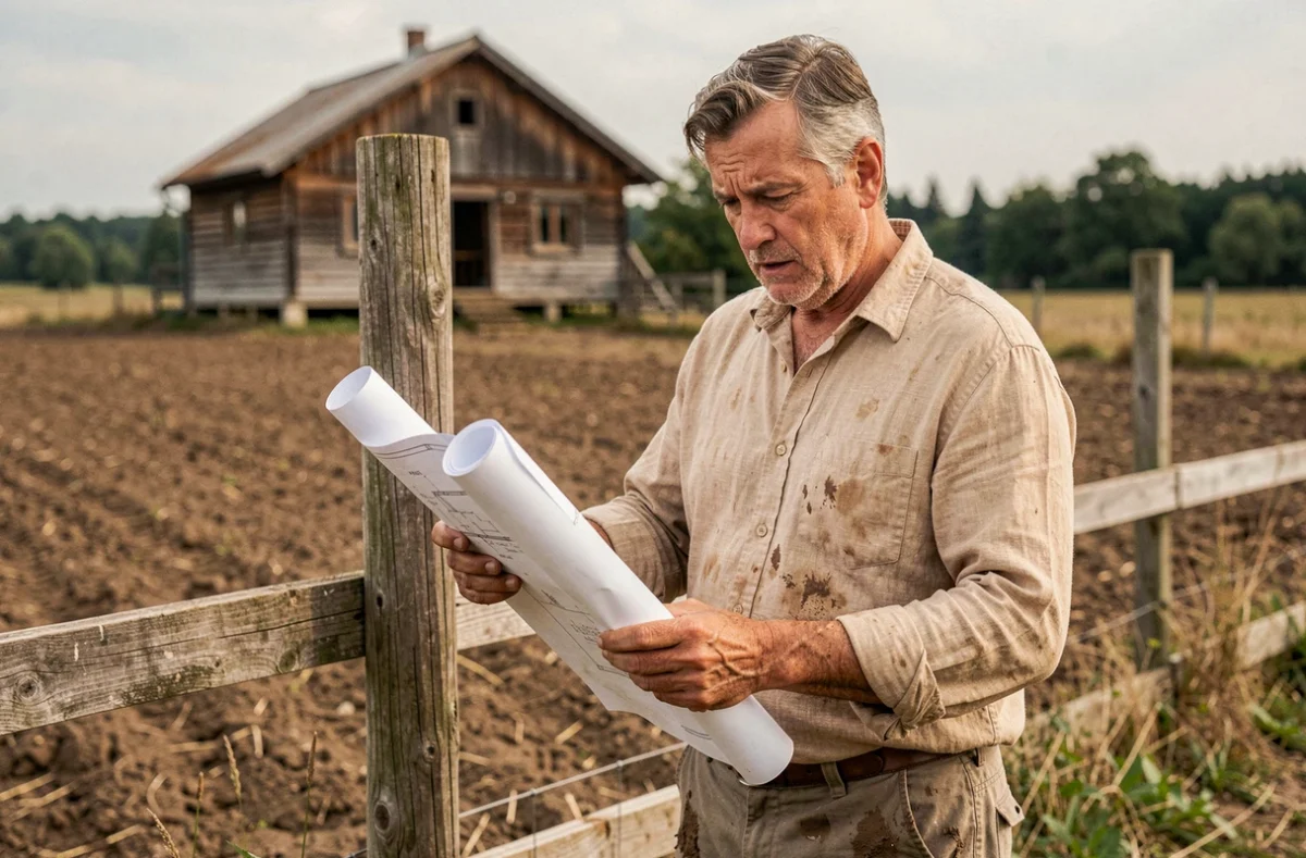 Agriculteur examinant un plan de construction de chalet sur son terrain agricole avec structure en bois en arrière-plan