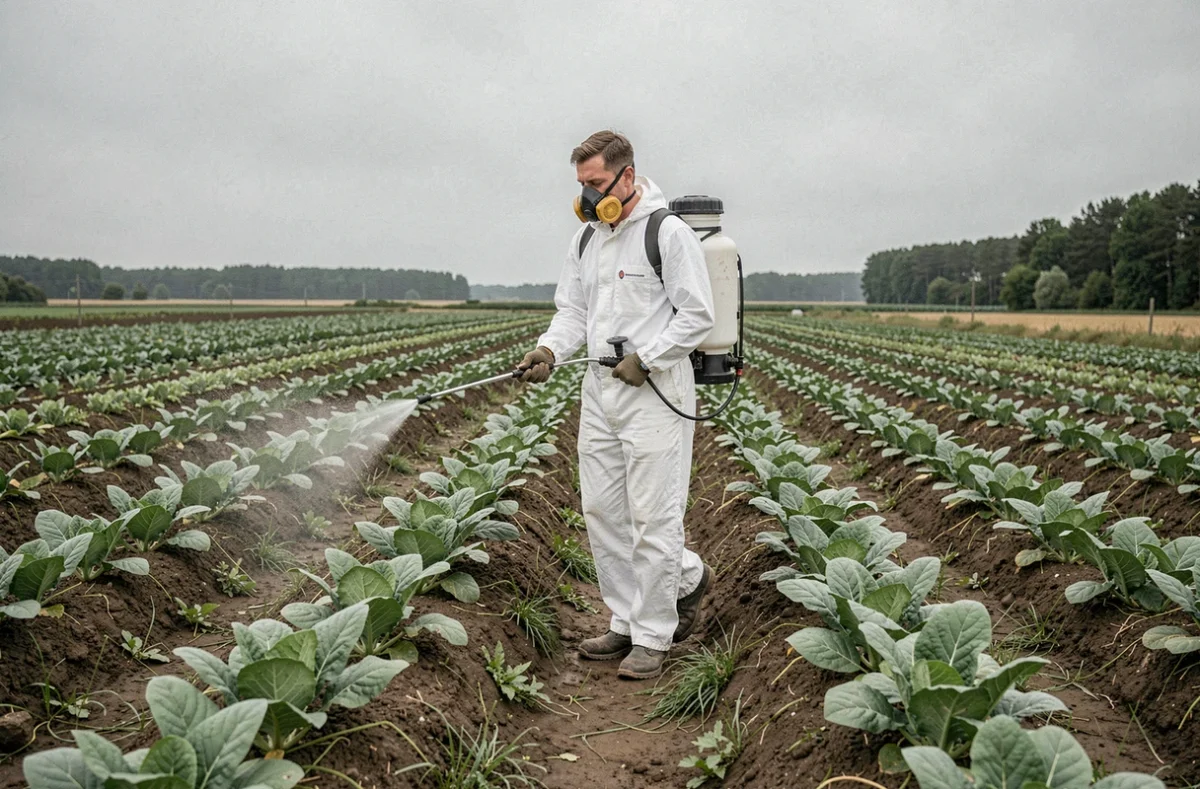 Agriculteur en combinaison de protection appliquant un pesticide à base de pyrèthre sur des rangées de cultures maraîchères en plein champ
