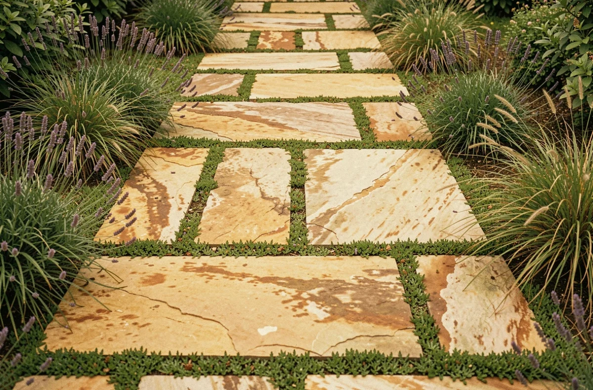 Allée de jardin en dalles de grès naturel entourées de lavande et de thym rampant