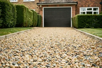 Allée de maison recouverte de gravier 10 mm beige et gris bien entretenu, bordée d'une pelouse verte et d'une façade en brique