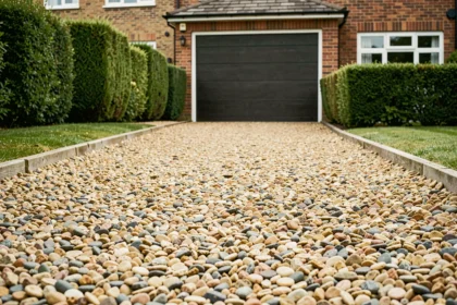 Allée de maison recouverte de gravier 10 mm beige et gris bien entretenu, bordée d'une pelouse verte et d'une façade en brique