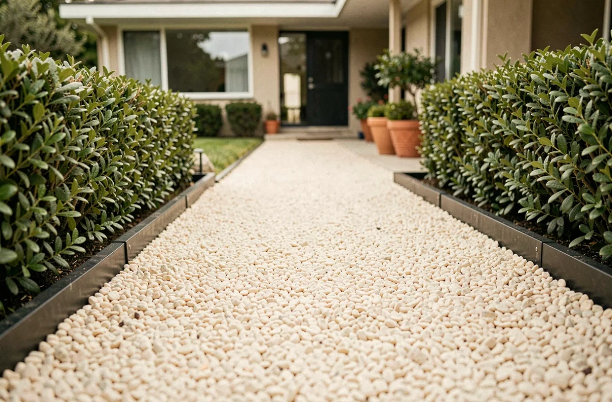 Allée de jardin en gravier décoratif avec bordures métalliques et végétation ornementale bien entretenue