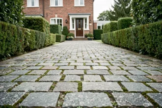 Allée en pavés de granit gris naturel devant une maison de banlieue avec haies taillées