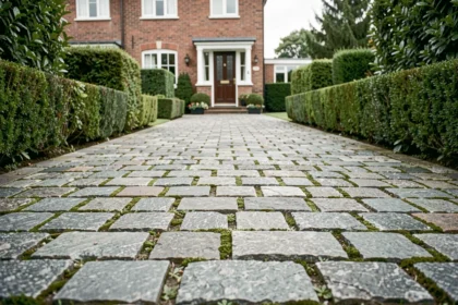 Allée en pavés de granit gris naturel devant une maison de banlieue avec haies taillées