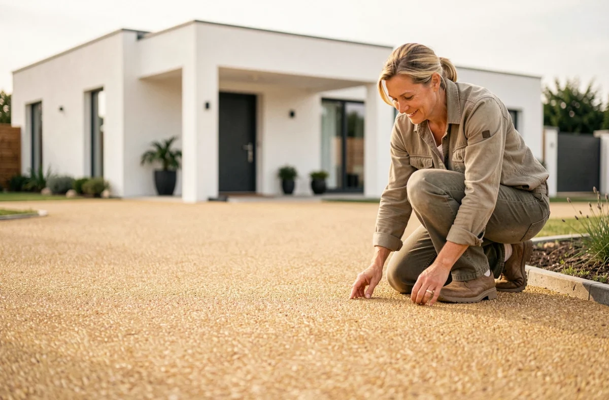 Femme inspectant une allée en résine et gravier beige devant une maison contemporaine
