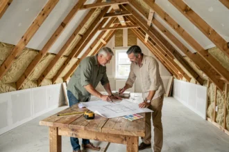 Couple étudiant les plans d'aménagement de leurs combles avec matériaux de rénovation visibles