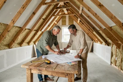 Couple étudiant les plans d'aménagement de leurs combles avec matériaux de rénovation visibles