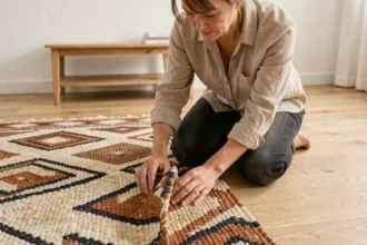 Femme aplatissant le bord enroulé d'un tapis berbère géométrique en laine sur un parquet en bois clair