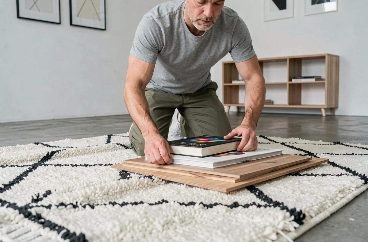Homme utilisant des livres lourds pour aplatir un tapis berbère beni ouarain blanc à motifs noirs sur sol béton