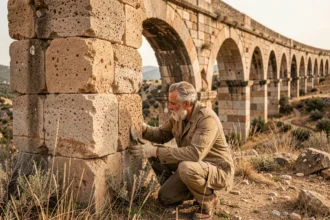 Historien examinant la texture du béton romain dans un ancien aqueduc en arc de pierre sous un ciel méditerranéen