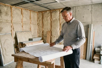 Architecte étudiant les plans techniques d'une maison à énergie positive en construction, avec panneaux isolants et conduits solaires visibles