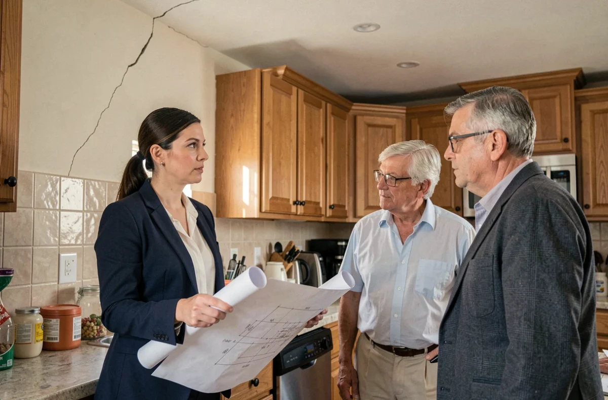 Architecte et propriétaires examinant une fissure au plafond d'une cuisine lors d'une consultation