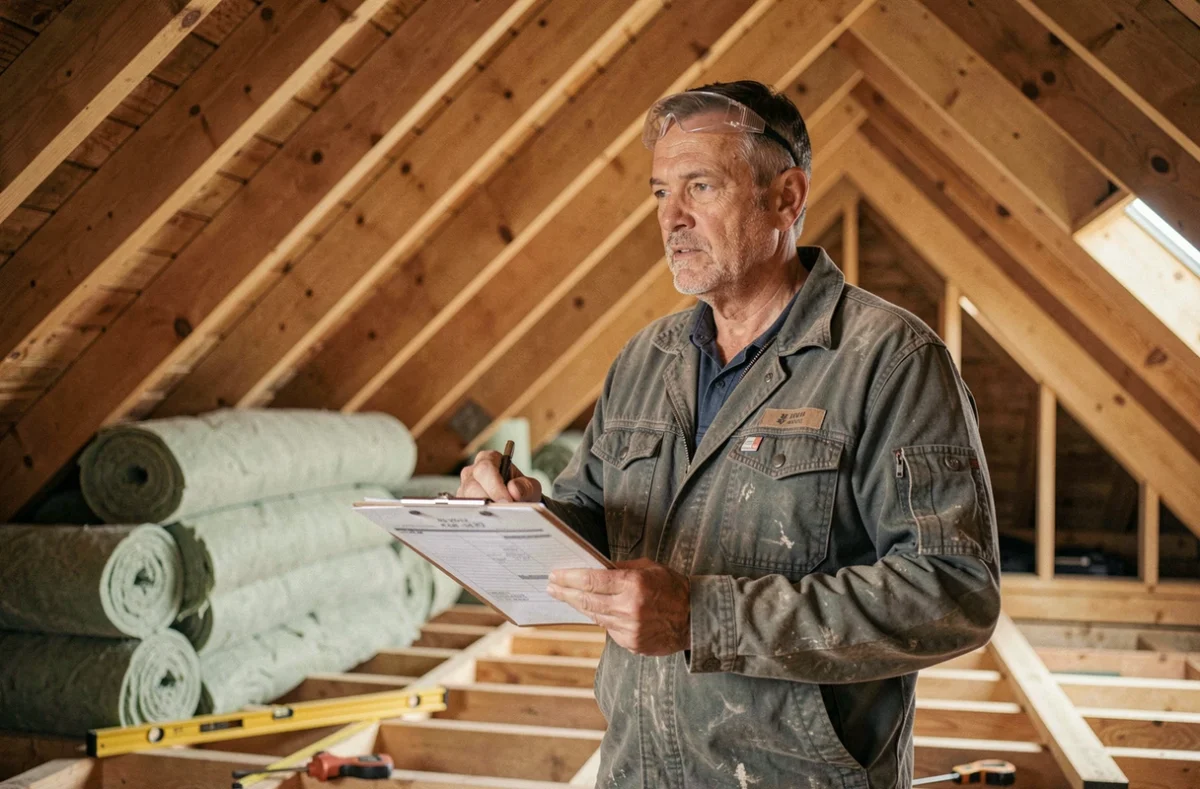 Artisan évaluant le coût des travaux d'aménagement de combles non aménagés