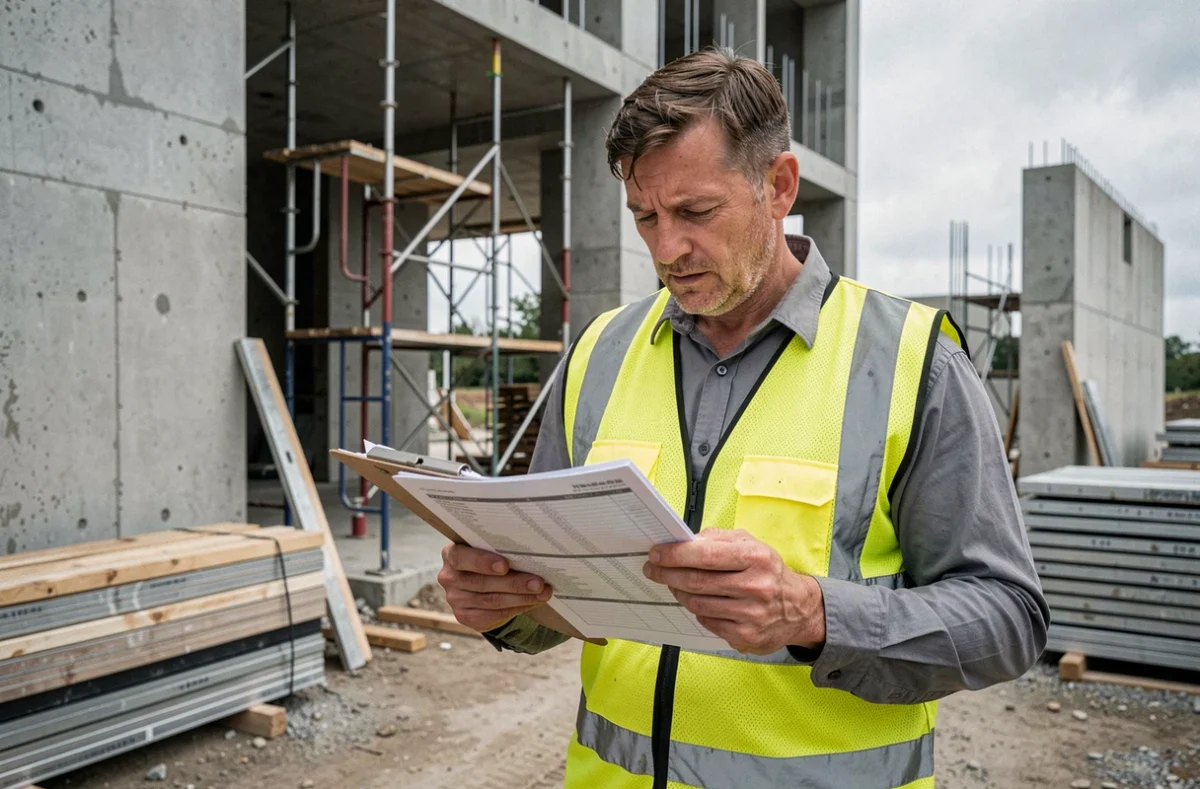 Artisan en gilet de sécurité vérifiant un devis sur un chantier de construction