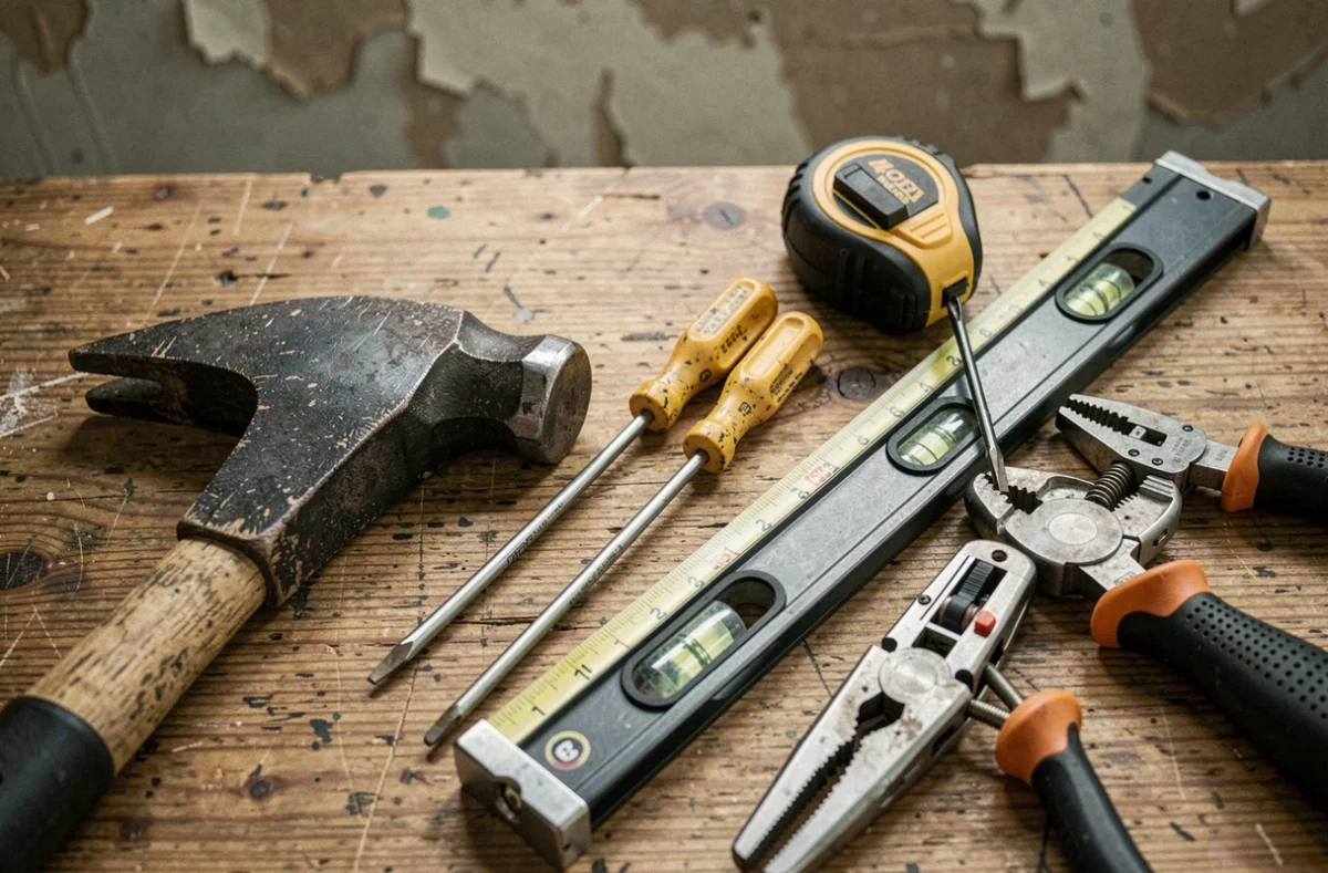 Vue de dessus d'un assortiment d'outils de bricolage essentiels sur une surface en bois usée