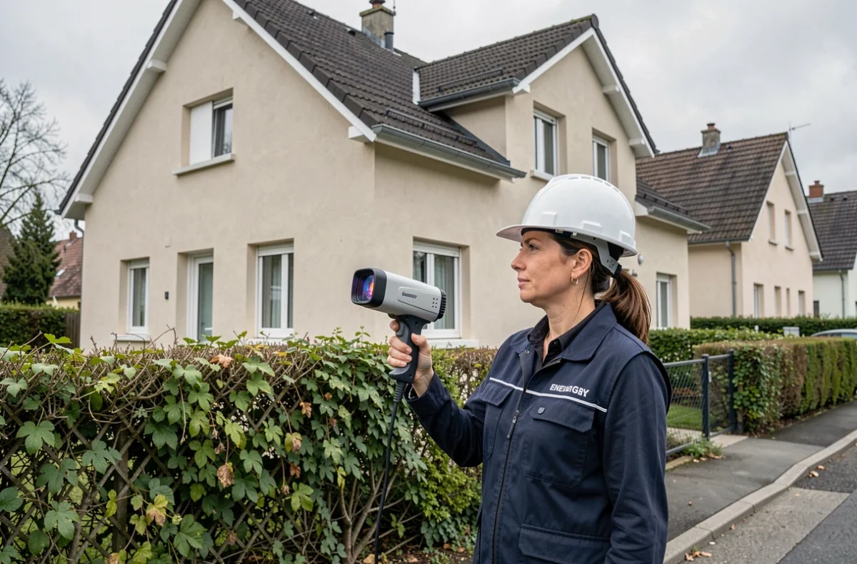 Auditrice énergétique analysant les déperditions thermiques d'une maison individuelle avec une caméra thermique pour évaluer le DPE
