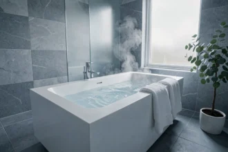 Baignoire profonde en acrylique blanc mat dans une salle de bain minimaliste avec carrelage gris et plante verte