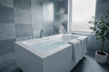 Baignoire profonde en acrylique blanc mat dans une salle de bain minimaliste avec carrelage gris et plante verte