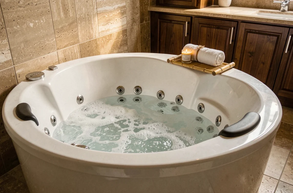 Baignoire à remous avec jets hydromassants dans une salle de bain luxueuse en travertin beige et bois sombre