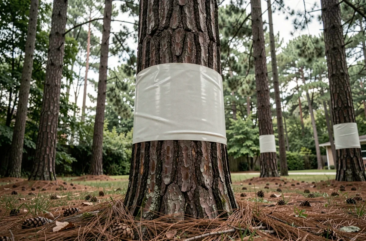 Bande de plastique lisse enroulée autour d'un tronc de pin comme protection anti-écureuils dans un jardin boisé
