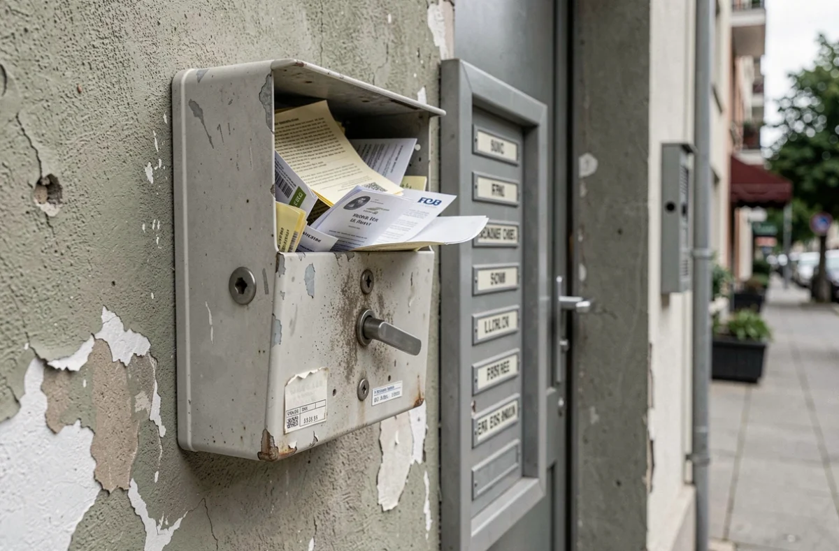 Boîte aux lettres débordante et serrure abîmée révélant des signes de vulnérabilité d'un appartement