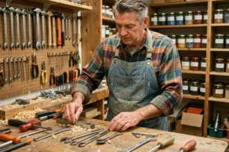 Bricoleur arrangeant ses outils sur un établi en bois dans un atelier authentique