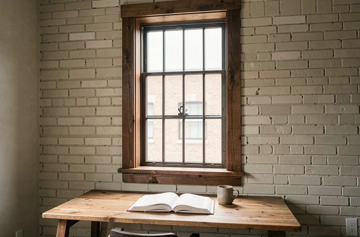Bureau à domicile dans un loft avec cadres de fenêtres en noyer foncé sur murs en briques peintes en gris beige clair