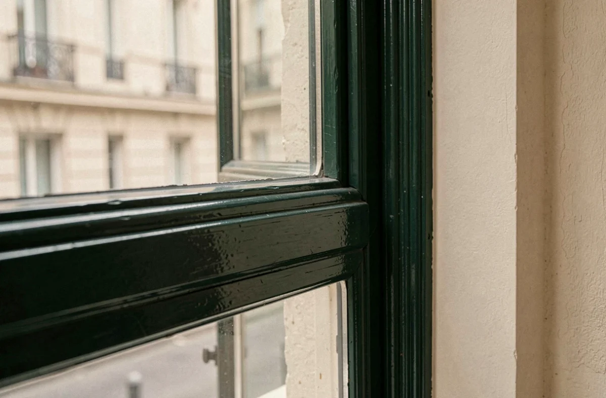 Gros plan sur un cadre de fenêtre vert foncé contrastant avec un mur en plâtre crème dans un appartement haussmannien rénové