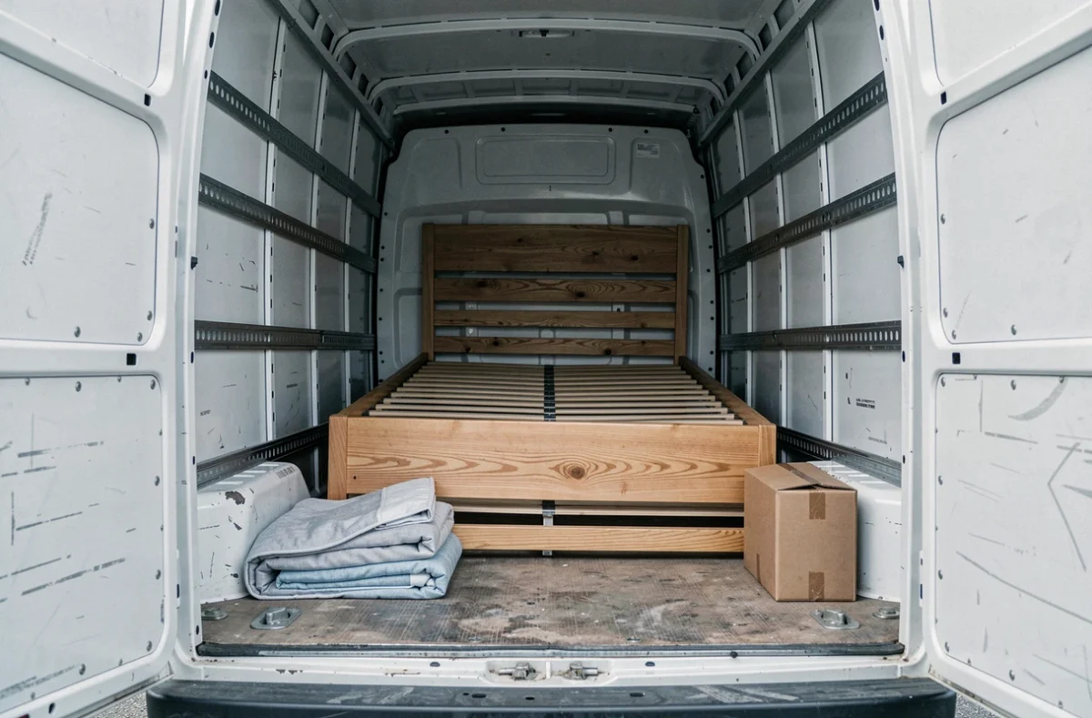 Un grand cadre de lit en bois monté placé debout à l'intérieur d'un camion de déménagement 6m3 illustrant les contraintes d'espace