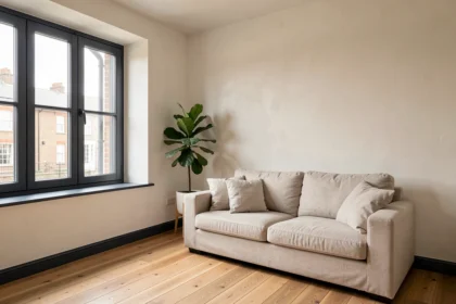 Salon moderne avec cadres de fenêtres gris anthracite contrastant avec des murs blancs chaleureux, style scandinave épuré