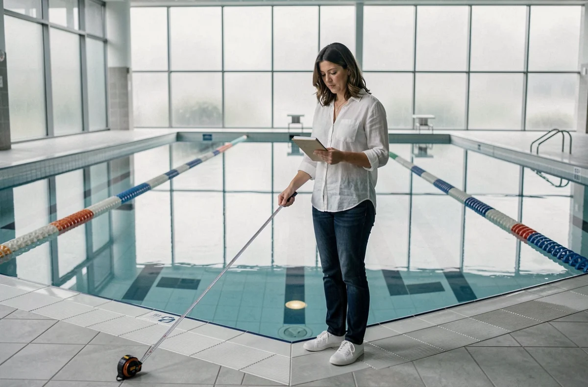Femme calculant la longueur d'une piscine intérieure en prenant des mesures avec un mètre ruban