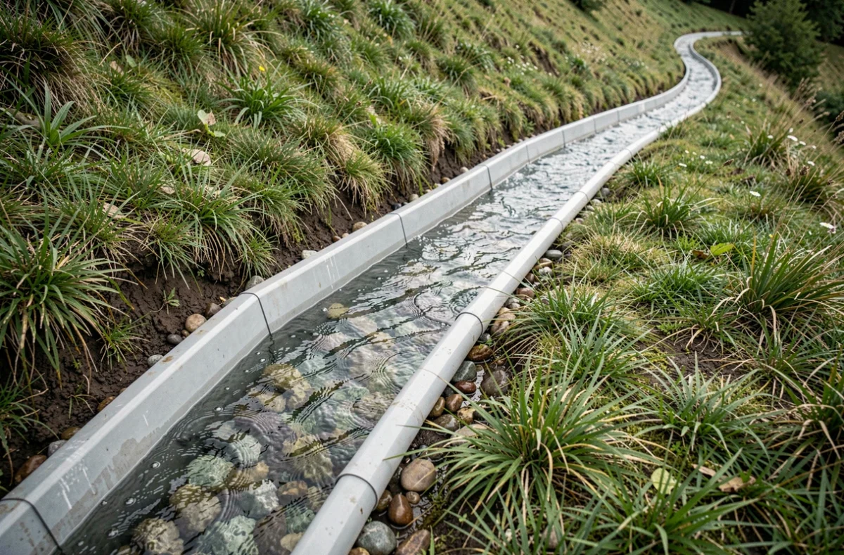 Canal de drainage en PVC installé sur une pente herbeuse pour détourner l'eau de ruissellement