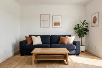 Salon moderne avec murs blancs et canapé bleu marine, coussins crème et terracotta, tapis en jute et table basse en chêne naturel