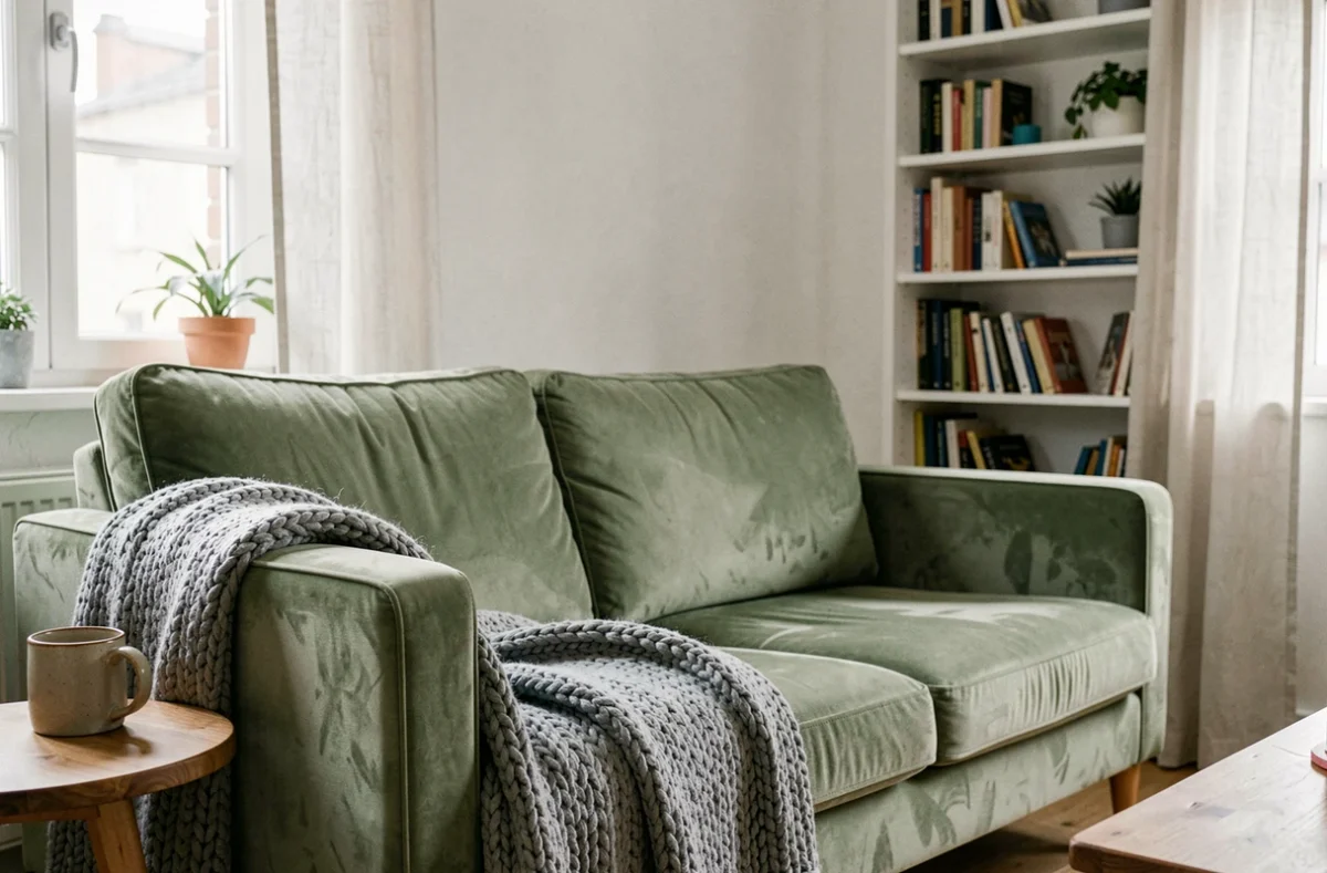 Appartement scandinave avec canapé vert sauge en velours et murs blancs, couverture en laine grise et bibliothèque intégrée en arrière-plan