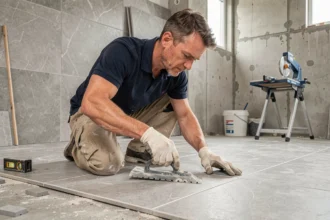 Carreleur professionnel posant des carreaux en grès cérame dans une salle de bain en rénovation avec des outils de qualité