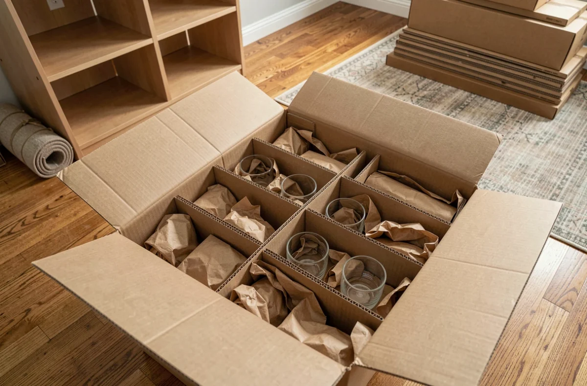 Carton de déménagement avec verres emballés dans du papier kraft et séparateurs en carton ondulé