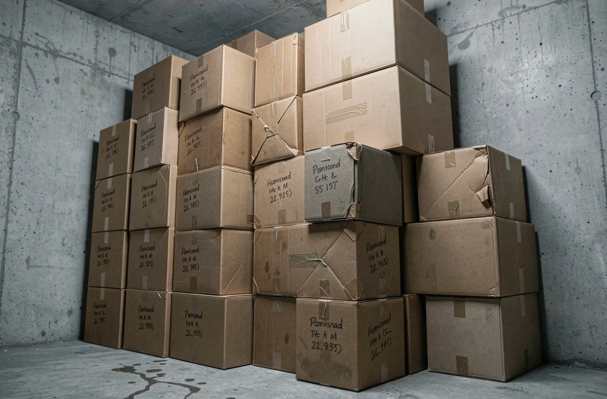 Pile de cartons de déménagement usagés stockés dans un garage avec signes d'usure et d'humidité