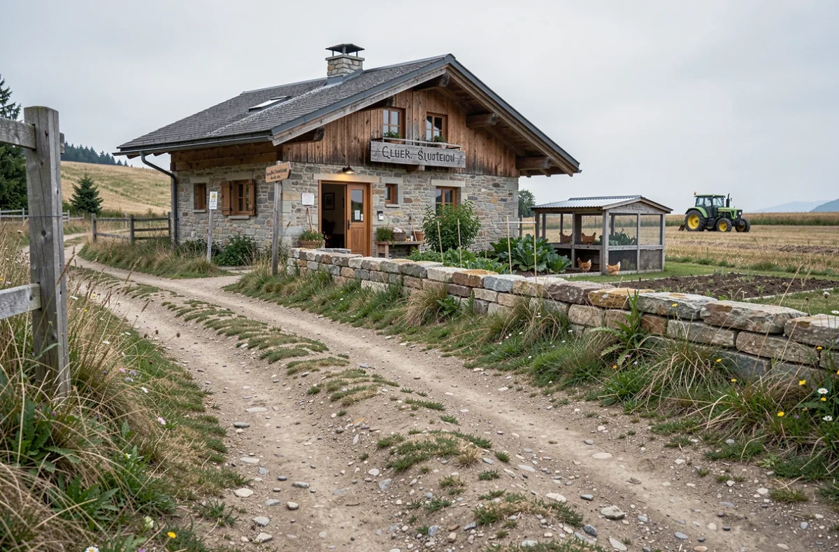 Petit chalet de style alpin avec jardin potager et poulailler en bordure d'un terrain agricole en milieu rural