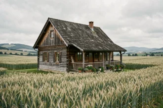 Chalet en bois rustique situé en bordure d'un terrain agricole avec champs de blé et collines en arrière-plan
