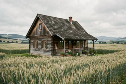 Chalet en bois rustique situé en bordure d'un terrain agricole avec champs de blé et collines en arrière-plan