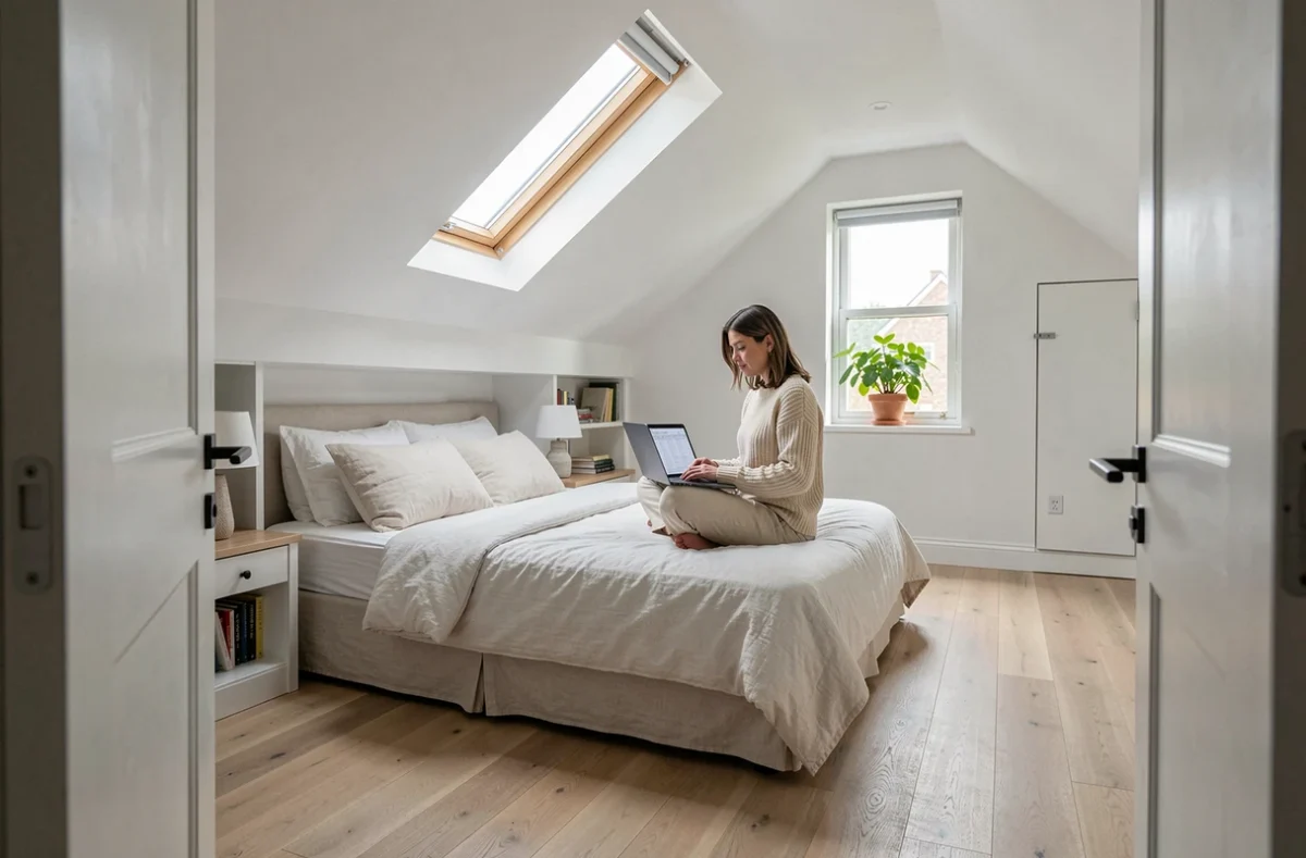 Chambre aménagée sous les combles avec velux et finitions modernes