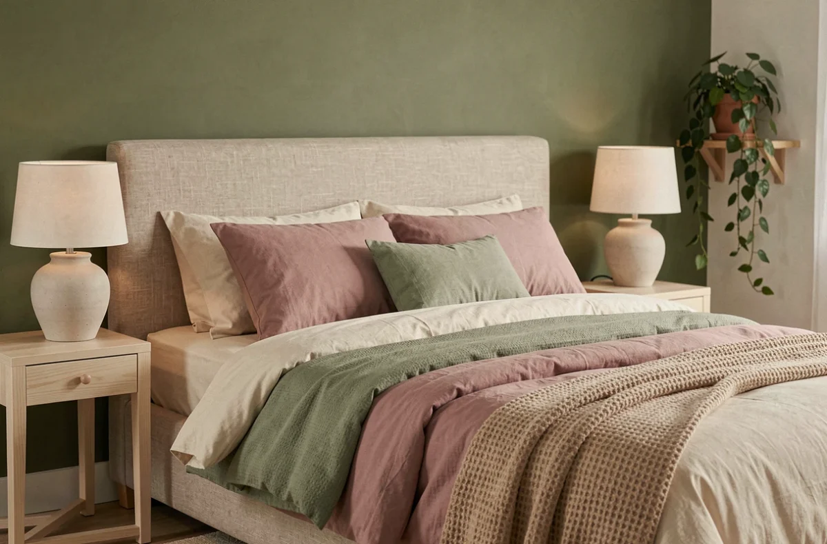 Chambre à coucher avec mur vert olive en tête de lit, literie crème et rose poudré dans une ambiance douce et naturelle