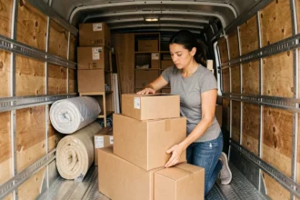 Femme chargeant des cartons et meubles dans un camion de déménagement de 4m3 bien rempli
