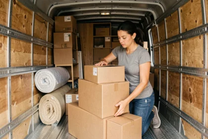Femme chargeant des cartons et meubles dans un camion de déménagement de 4m3 bien rempli