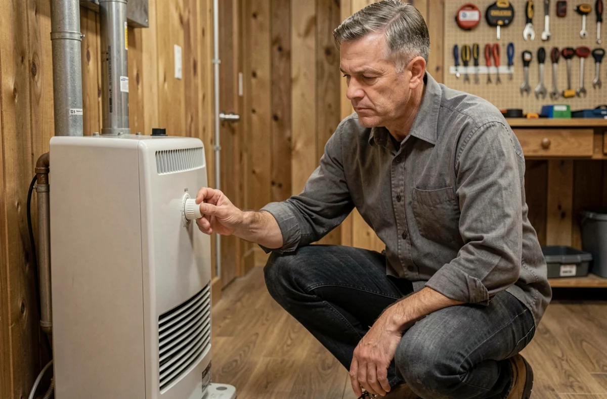 Homme ajustant le thermostat d'un chauffage au propane mural dans un sous-sol aménagé en atelier