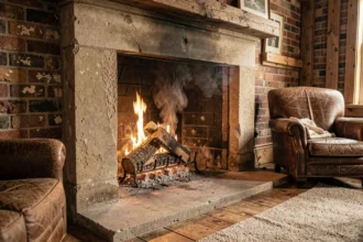 Cheminée à bois en pierre allumée dans un salon rustique avec de la fumée visible et des bûches de chêne en combustion