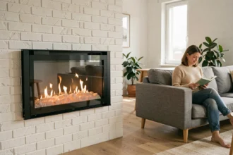 Cheminée électrique encastrée dans un mur en briques blanches dans un salon contemporain avec flammes LED réalistes