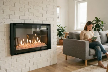 Cheminée électrique encastrée dans un mur en briques blanches dans un salon contemporain avec flammes LED réalistes